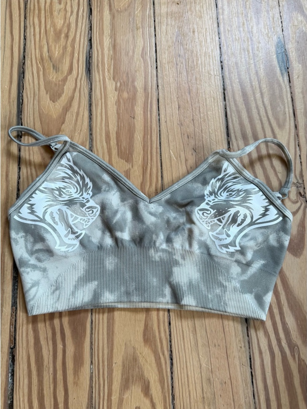 Darc Sport Taupe Tie-Dye Sports Bra with White Wolf Motifs